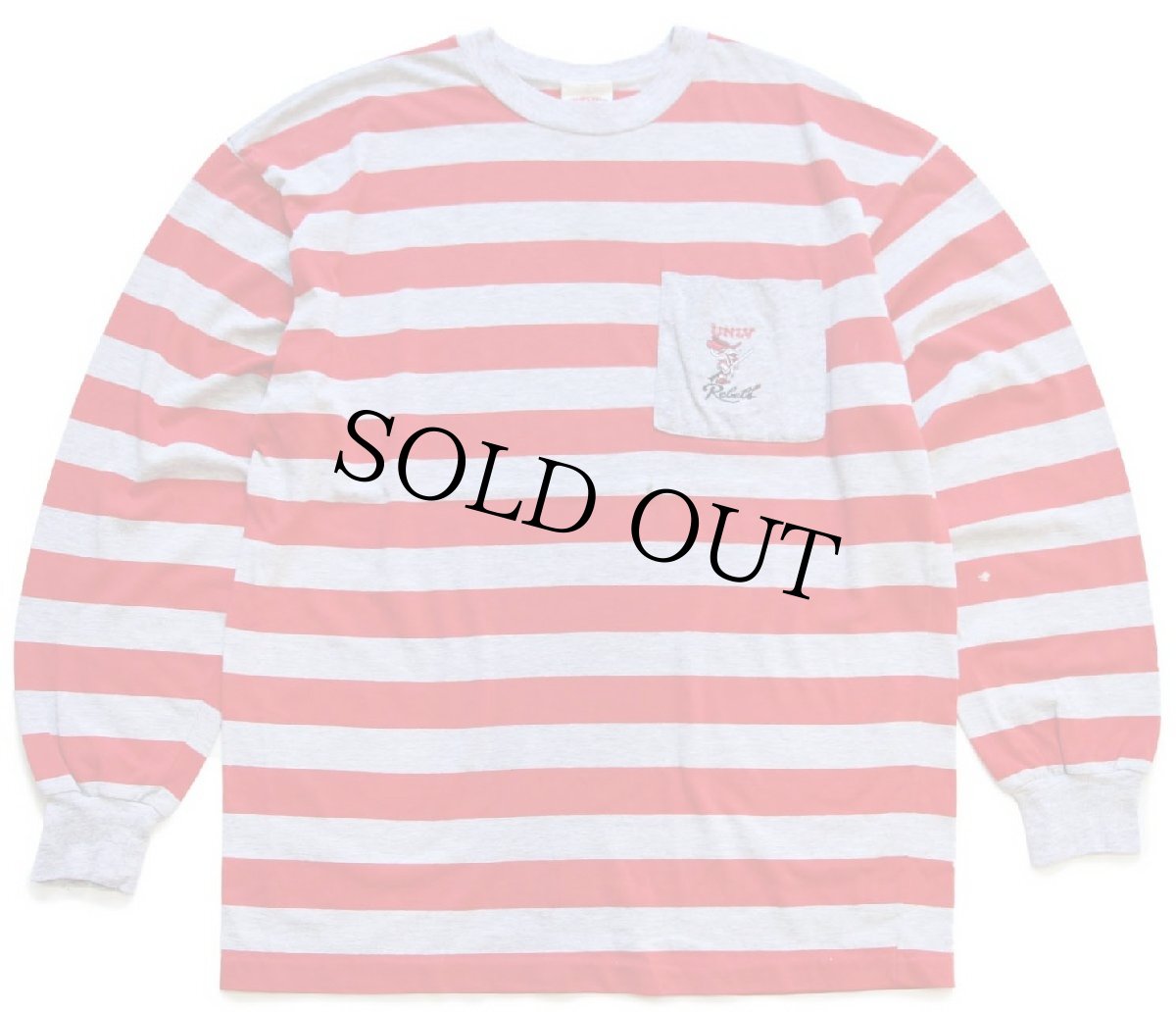 画像2: 90s USA製 UNLV Rebels マスコット 刺繍 太ボーダー ポケット付き 長袖Tシャツ 赤×杢グレー (2)