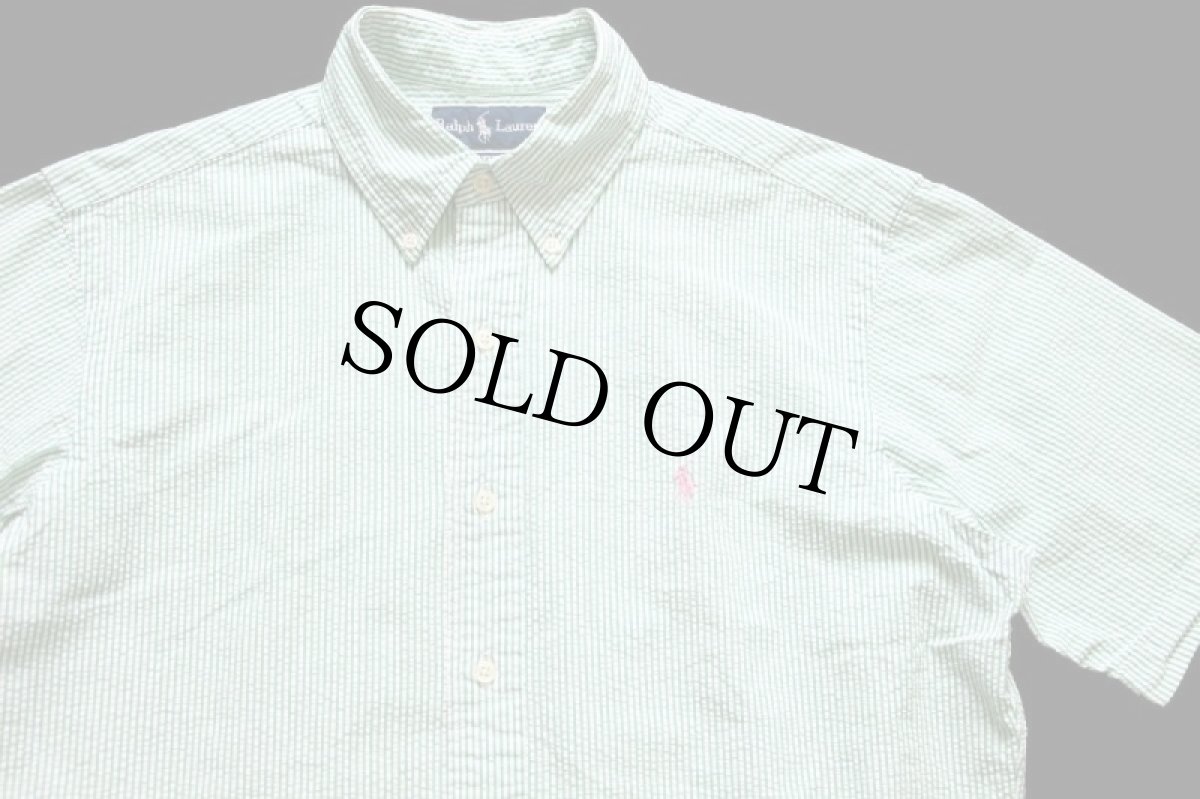 画像3: 00s ラルフローレン ストライプ ボタンダウン 半袖 コットン シアサッカーシャツ 緑×白 M (3)