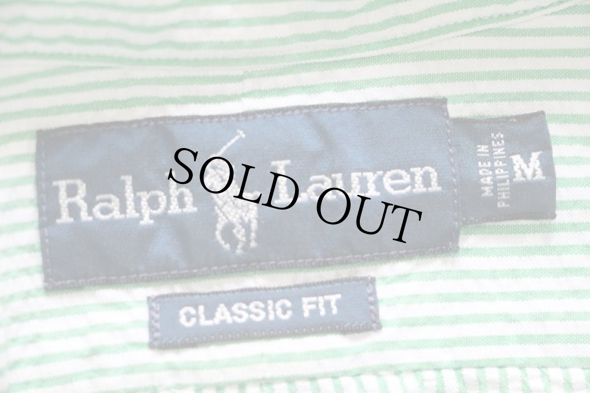 画像4: 00s ラルフローレン ストライプ ボタンダウン 半袖 コットン シアサッカーシャツ 緑×白 M (4)