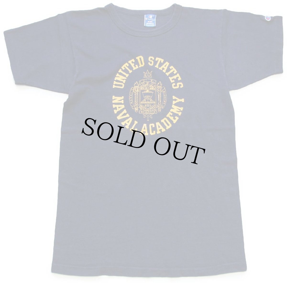 画像2: 90s USA製 Championチャンピオン UNITED STATES NAVAL ACADEMY ロゴ ひび割れプリント コットンTシャツ 紺 M★U.S.NAVY (2)