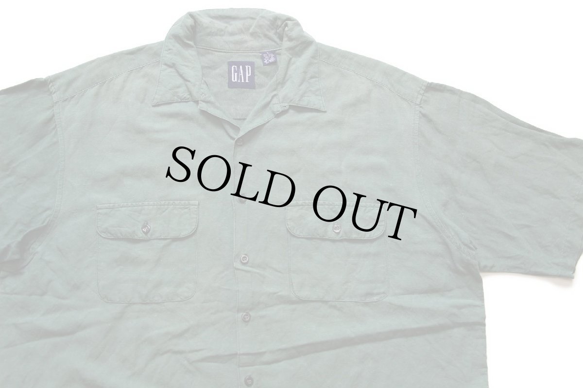 画像3: 90s GAPギャップ 無地 半袖 リネン×レーヨン オープンカラーシャツ 緑 フェード L (3)