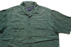 画像3: 90s GAPギャップ 無地 半袖 リネン×レーヨン オープンカラーシャツ 緑 フェード L (3)