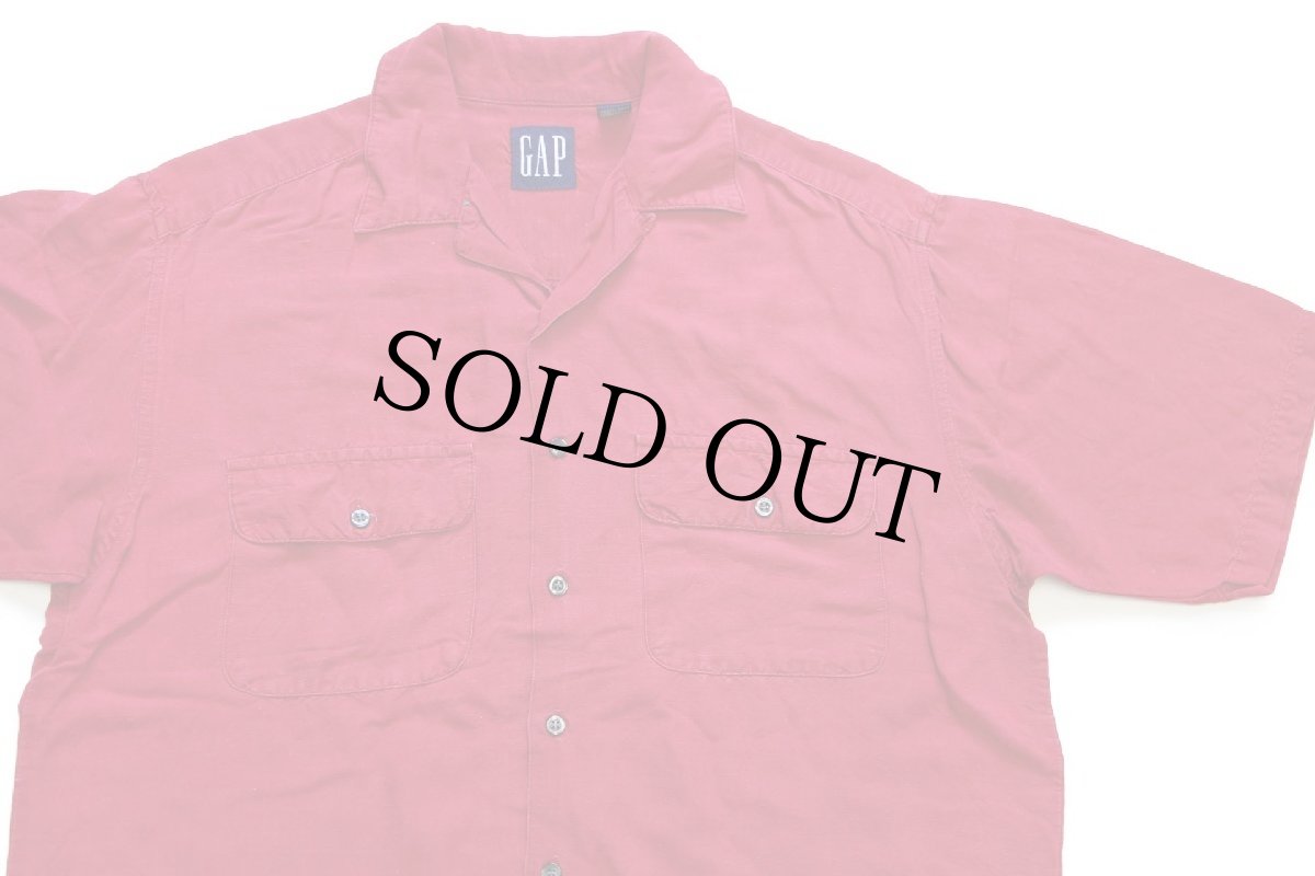 画像3: 90s GAPギャップ 無地 半袖 リネン×レーヨン オープンカラーシャツ 濃赤 フェード (3)