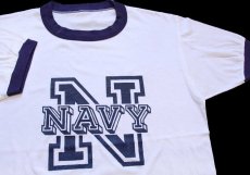画像1: 80s U.S.NAVY ロゴ ステンシル リンガーTシャツ 白×ナス紺 (1)