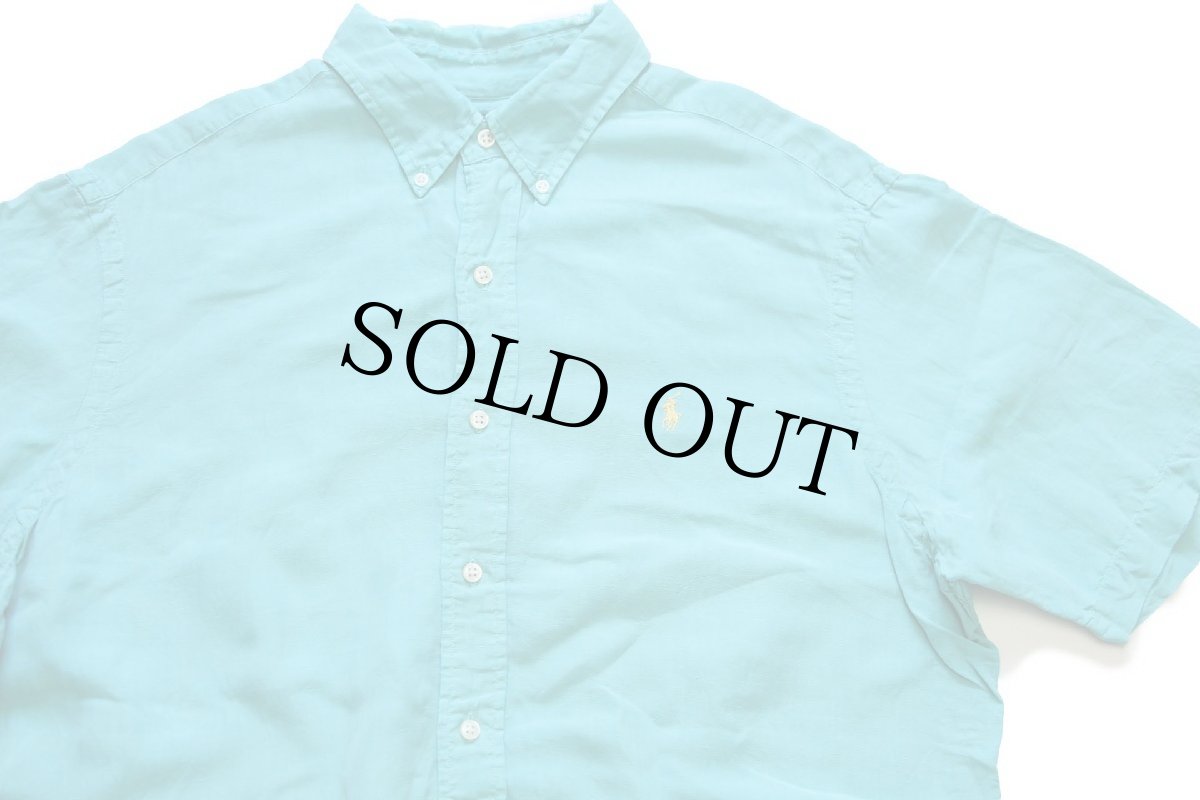 画像3: 00s ラルフローレン ワンポイント ボタンダウン 半袖 リネン×シルクシャツ ターコイズ L (3)