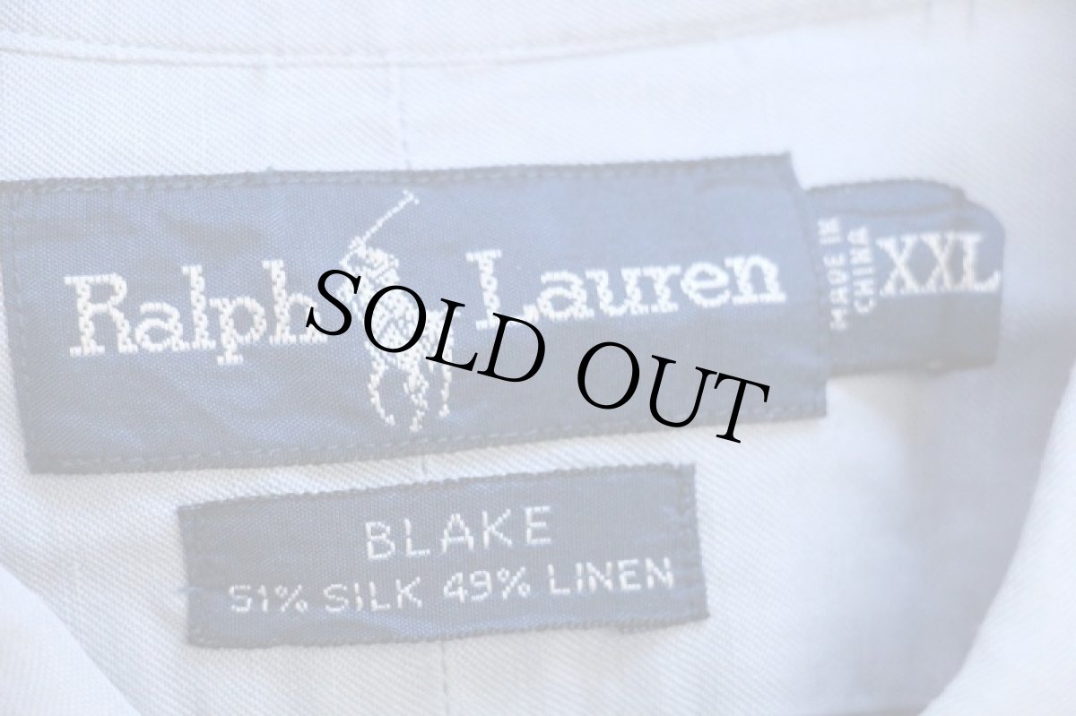画像4: 00s ラルフローレン BLAKE ワンポイント ボタンダウン シルク×リネンシャツ ブルーグレー XXL★特大 (4)