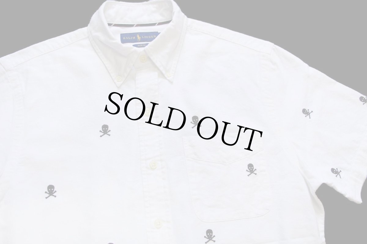 画像3: ラルフローレン スカル クロスボーン刺繍 総柄 ポケット&マチ付き 三点留め ボタンダウン 半袖 オックスフォード コットンシャツ 白 M (3)