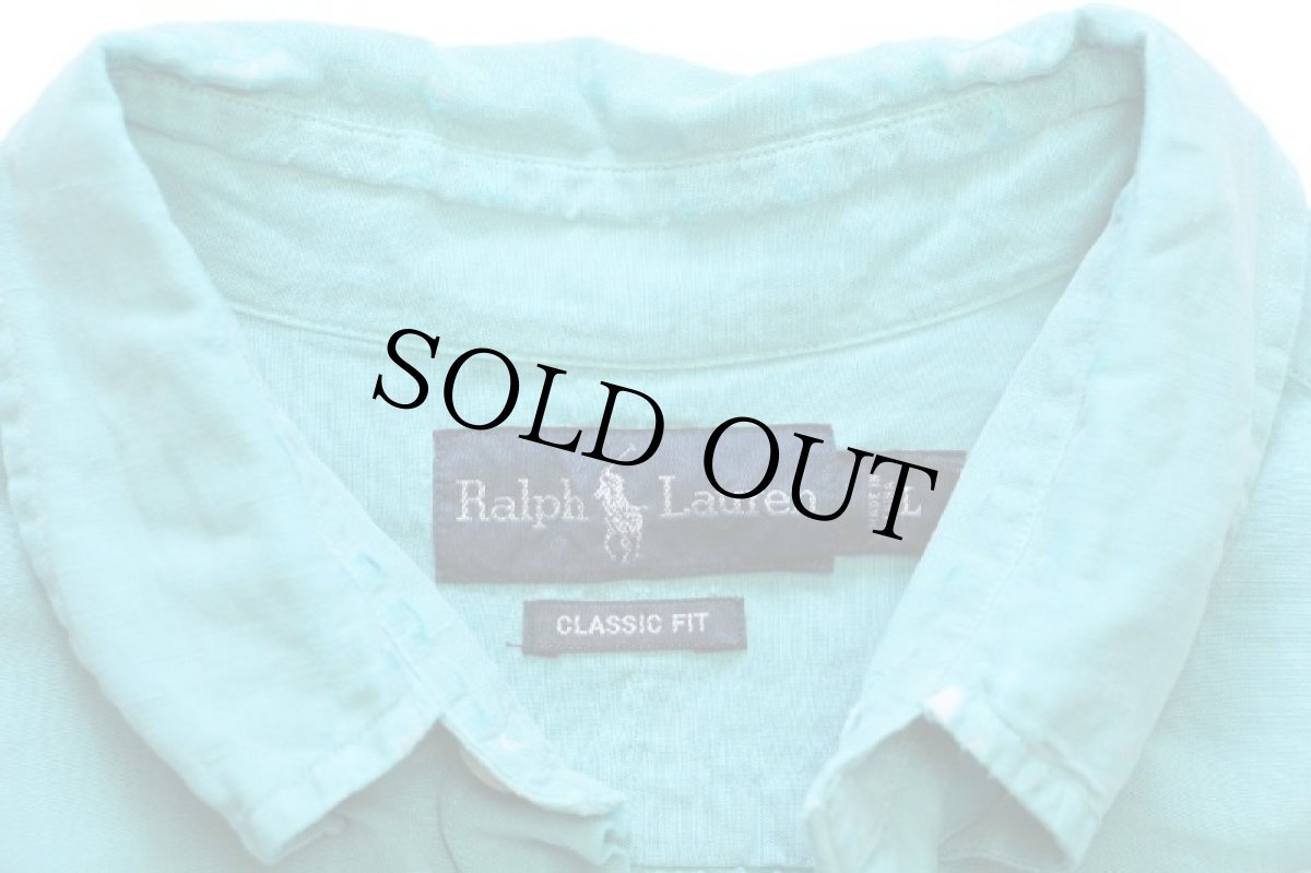 画像4: 00s ラルフローレン ワンポイント ボタンダウン 半袖 リネン×シルクシャツ ターコイズ L (4)