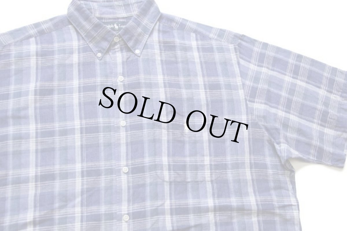 画像3: 90s ラルフローレン MARLOWE マドラスチェック ポケット付き ボタンダウン 半袖 リネン×コットンシャツ L (3)