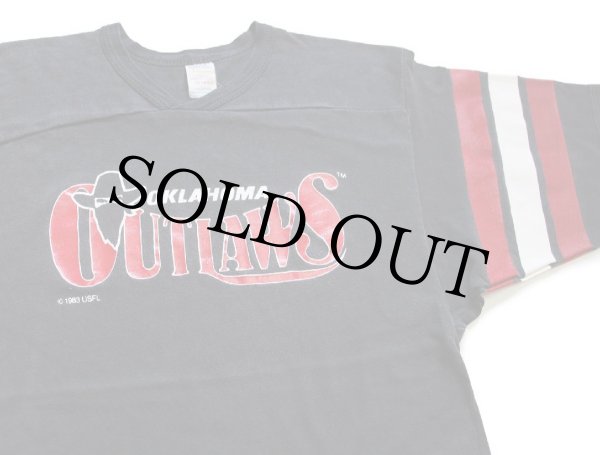 80s USA製 OKLAHOMA OUTLAWS Vネック コットン フットボールTシャツ 黒 