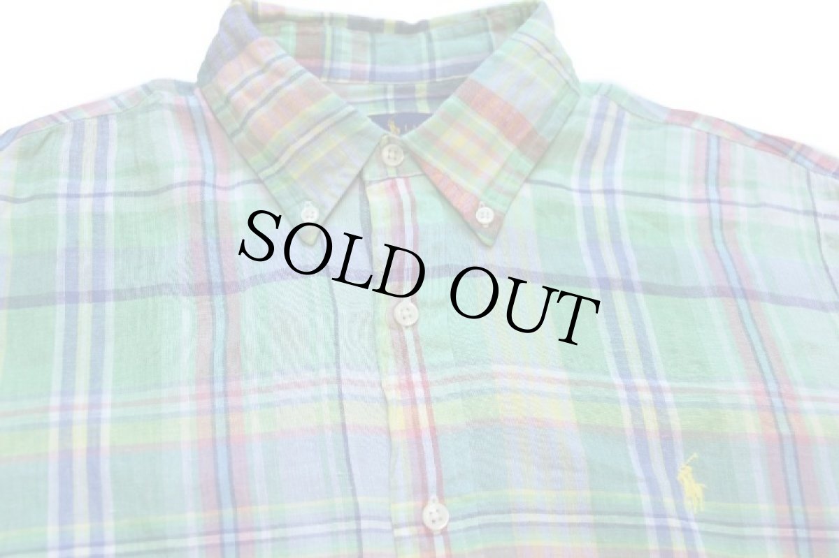 画像3: ラルフローレン OCEAN WASH LINEN マドラスチェック ボタンダウン リネンシャツ L (3)