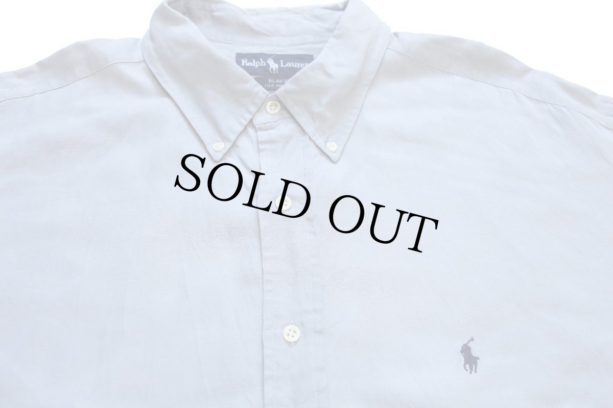 画像3: 00s ラルフローレン BLAKE ワンポイント ボタンダウン シルク×リネンシャツ ブルーグレー XXL★特大 (3)