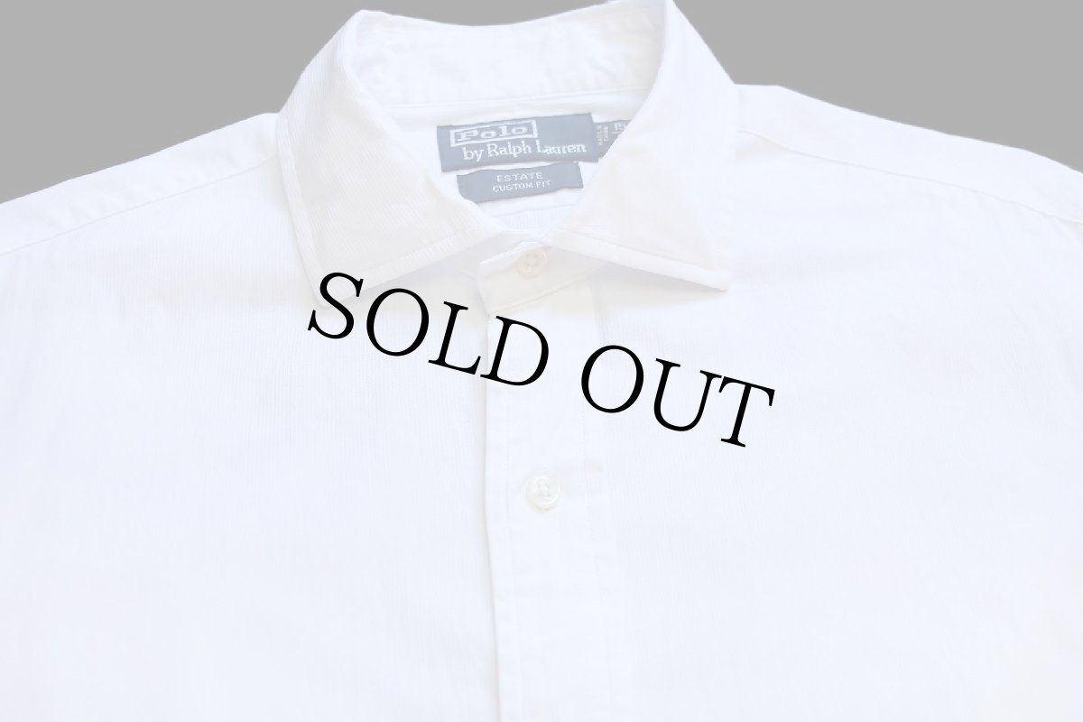 画像3: 00s ポロ ラルフローレン ESTATE 織り柄 ストライプ マチ付き ワイドカラー ダブルカフス コットン ドレスシャツ 白 15.5★46 (3)