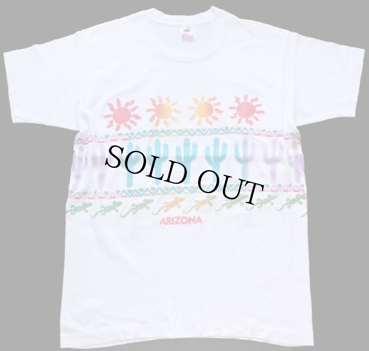 画像2: 90s USA製 ARIZONA 太陽 サボテン トカゲ アート 両面プリント コットンTシャツ 白 L (2)