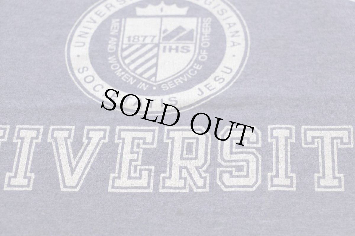 画像4: 80s USA製 REGIS UNIVERSITY ひび割れプリント Tシャツ 杢ナス紺 フェード L (4)