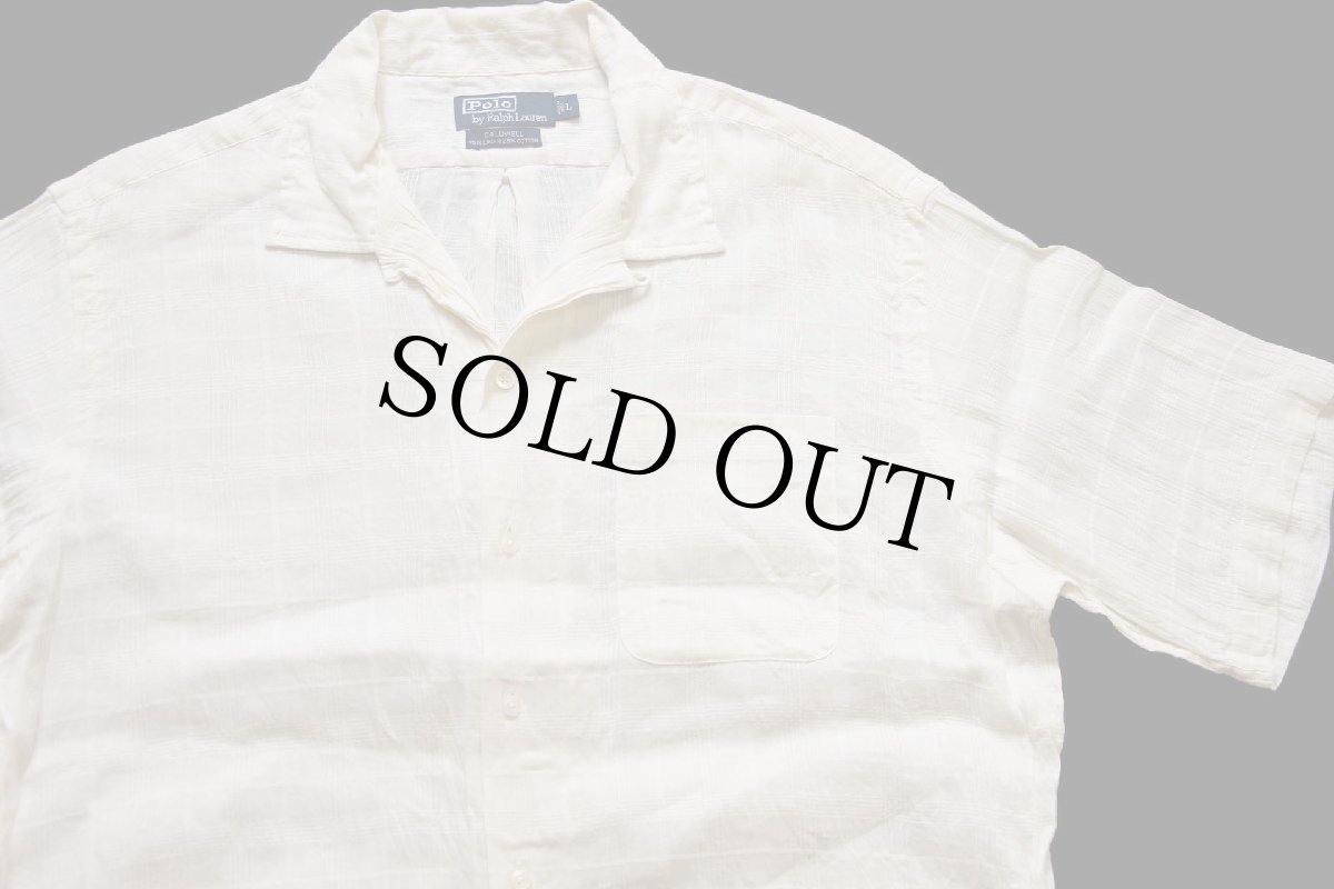 画像3: 90s ポロ ラルフローレン CALDWELL 織り柄 チェック 半袖 リネン×コットン ガーゼ オープンカラーシャツ アイボリー L (3)