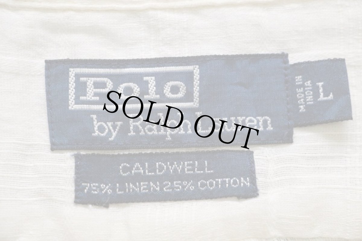 画像5: 90s ポロ ラルフローレン CALDWELL 織り柄 チェック 半袖 リネン×コットン ガーゼ オープンカラーシャツ アイボリー L (5)