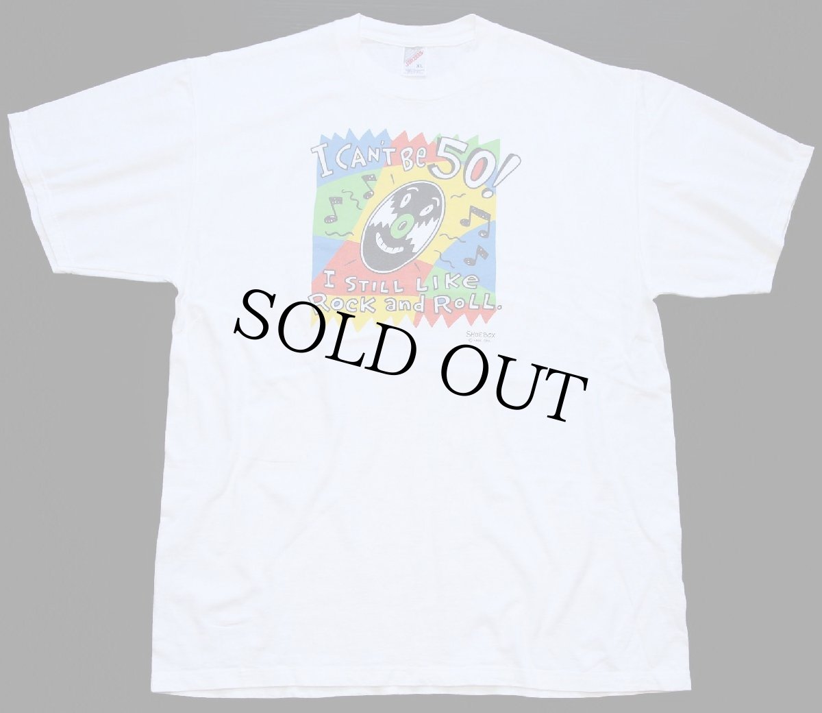画像2: 90s USA製 SHOEBOX I CAN'T Be 50 I STILL LIKe Rock and RoLL レコード イラスト コットンTシャツ 白 XL (2)