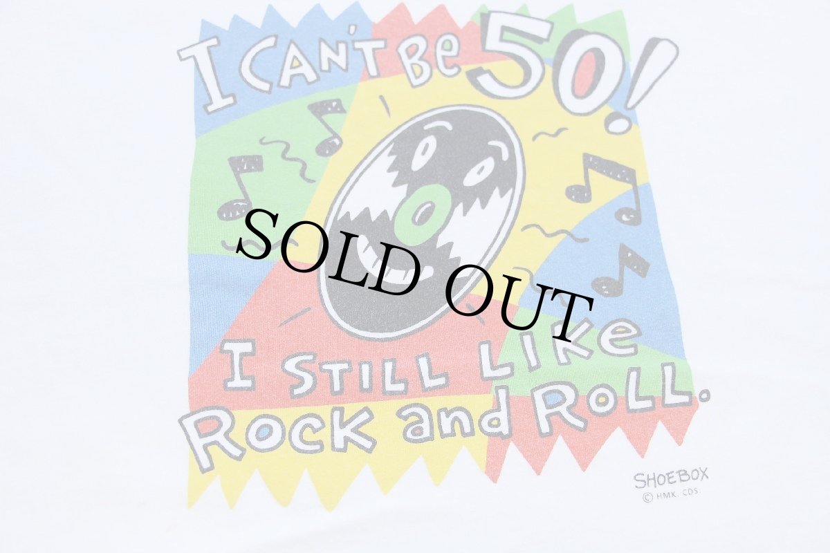 画像4: 90s USA製 SHOEBOX I CAN'T Be 50 I STILL LIKe Rock and RoLL レコード イラスト コットンTシャツ 白 XL (4)
