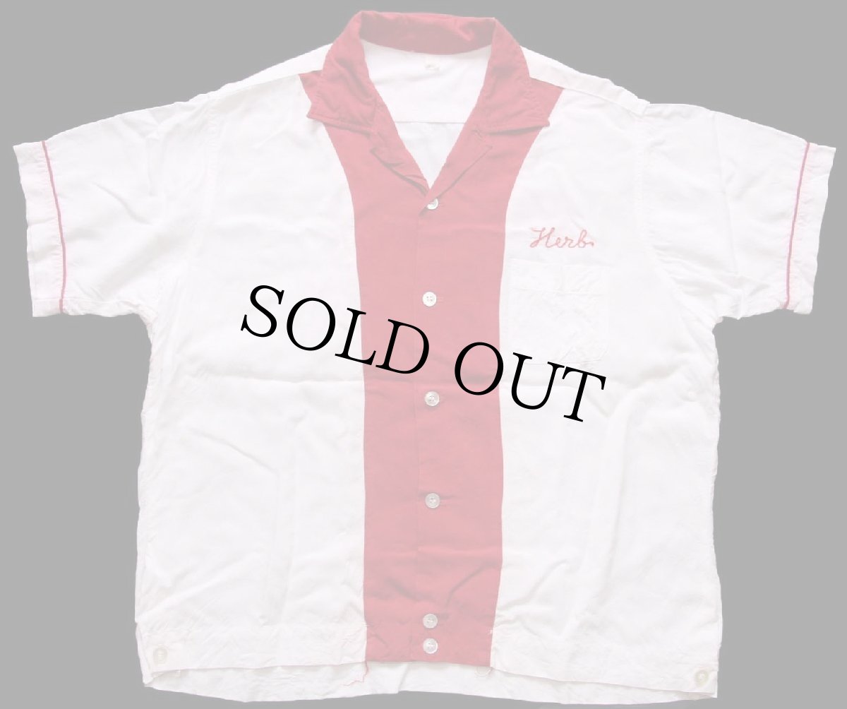 画像2: 60s Worden Allen Co LIESE チェーン刺繍 ツートン 切り替え ダメージ レーヨン ボウリングシャツ 白×濃赤 L (2)