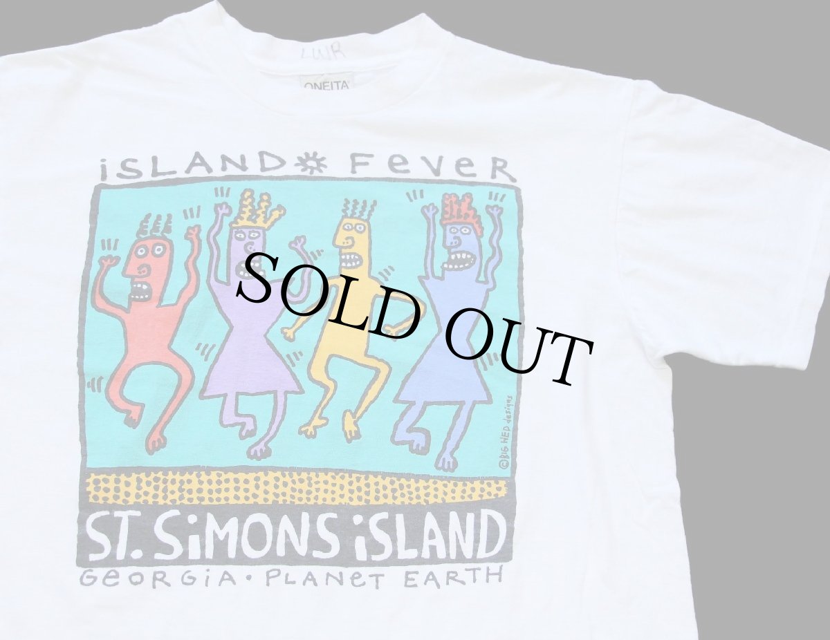 画像1: 90s ST.SIMONS ISLAND GEORGIA PLANET EARTH BIG HED designs アート コットンTシャツ 白 L (1)