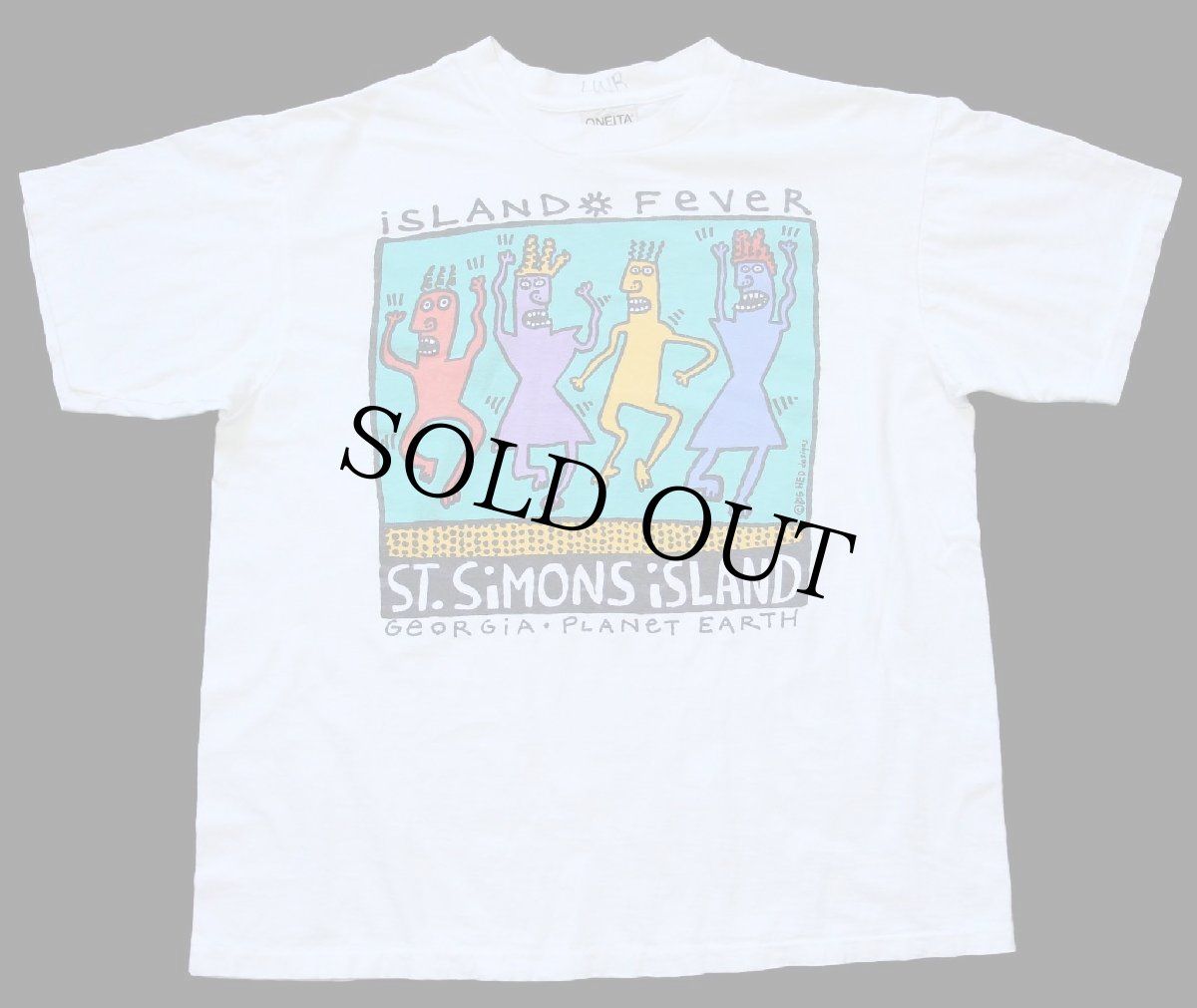 画像2: 90s ST.SIMONS ISLAND GEORGIA PLANET EARTH BIG HED designs アート コットンTシャツ 白 L (2)