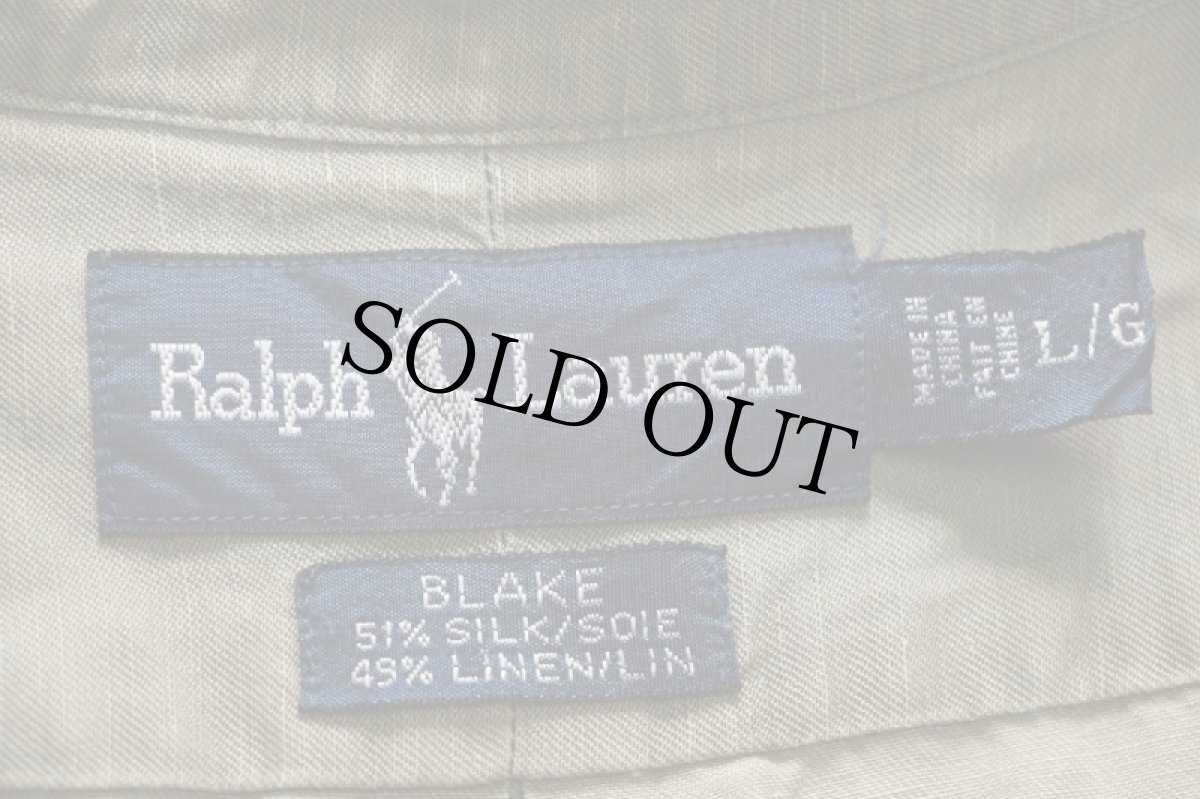 画像4: 90s ラルフローレン BLAKE ワンポイント ボタンダウン 半袖 シルク×リネンシャツ グレーカーキ L (4)
