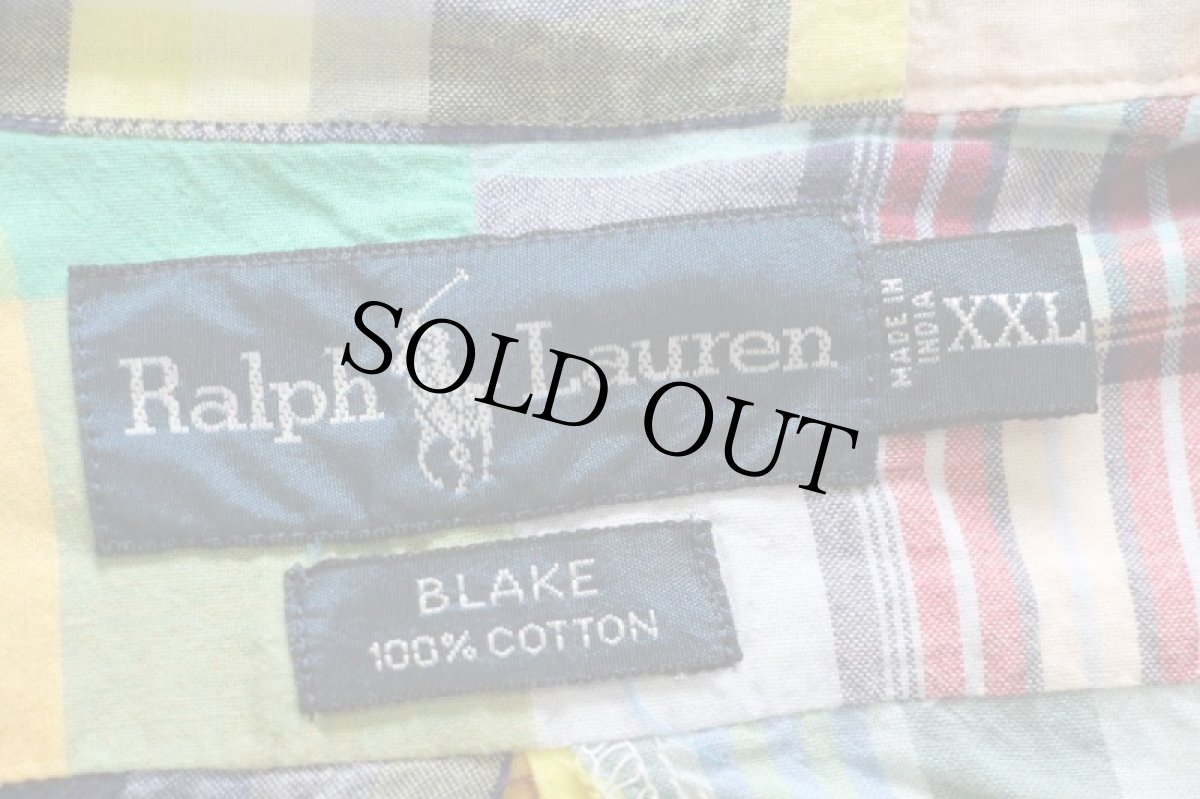 画像4: 90s ラルフローレン BLAKE チェック×ストライプ パッチワーク ボタンダウン 半袖 コットンシャツ XXL★特大 インド綿 (4)