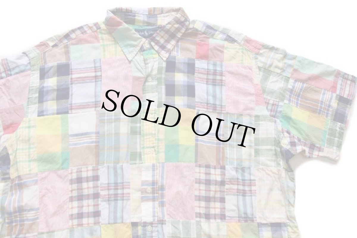 画像3: 90s ラルフローレン BLAKE チェック×ストライプ パッチワーク ボタンダウン 半袖 コットンシャツ XXL★特大 インド綿 (3)