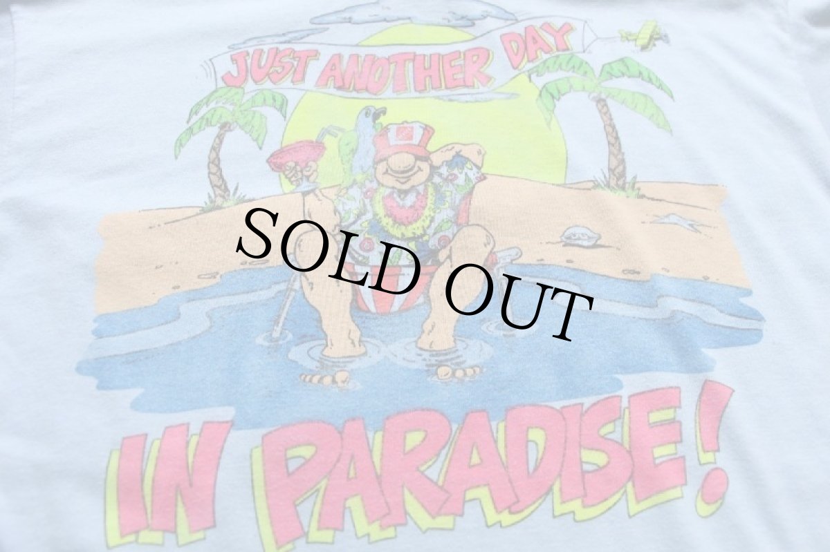 画像4: 80s USA製 Hanes THE HOME DEPOT ホームデポ ロゴ JUST ANOTHER DAY IN PARADISE! 両面プリント ポロシャツ 水色 L (4)