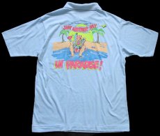 画像1: 80s USA製 Hanes THE HOME DEPOT ホームデポ ロゴ JUST ANOTHER DAY IN PARADISE! 両面プリント ポロシャツ 水色 L (1)