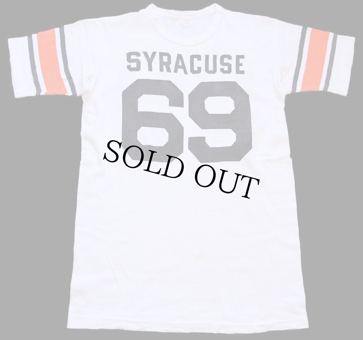 画像1: 60s CHAMPIONチャンピオン ランタグ SYRACUSE 69 ナンバリング 両面 オール染み込みプリント コットン フットボールTシャツ 白 (1)