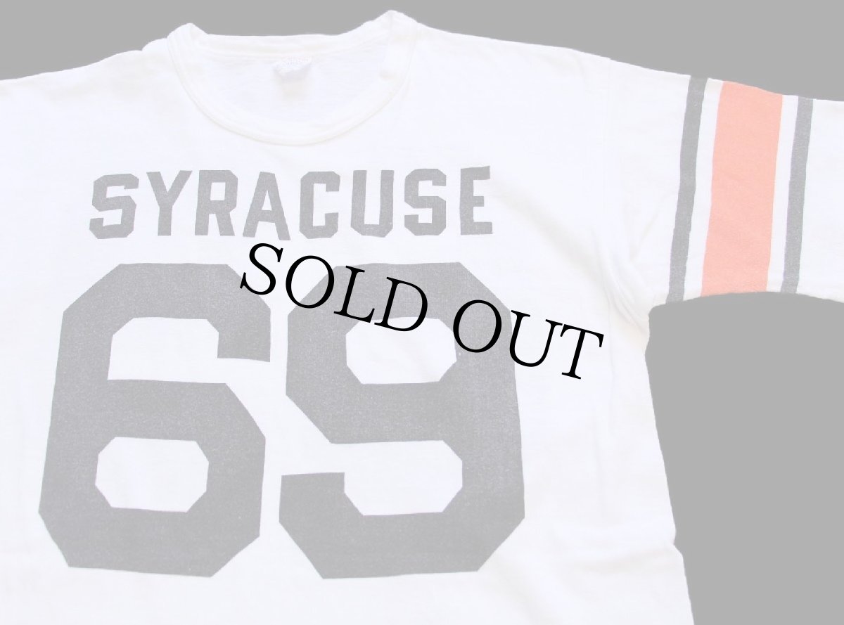 画像1: 60s CHAMPIONチャンピオン ランタグ SYRACUSE 69 ナンバリング 両面 オール染み込みプリント コットン フットボールTシャツ 白 (1)