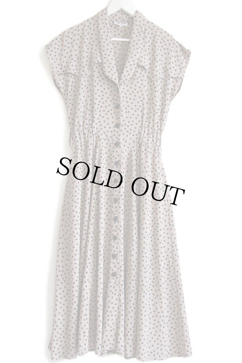 画像2: 80s CELAIN PARIS ドット柄 マキシ丈 ノースリーブ レーヨン ドレス ワンピース グレーベージュ 38 (2)