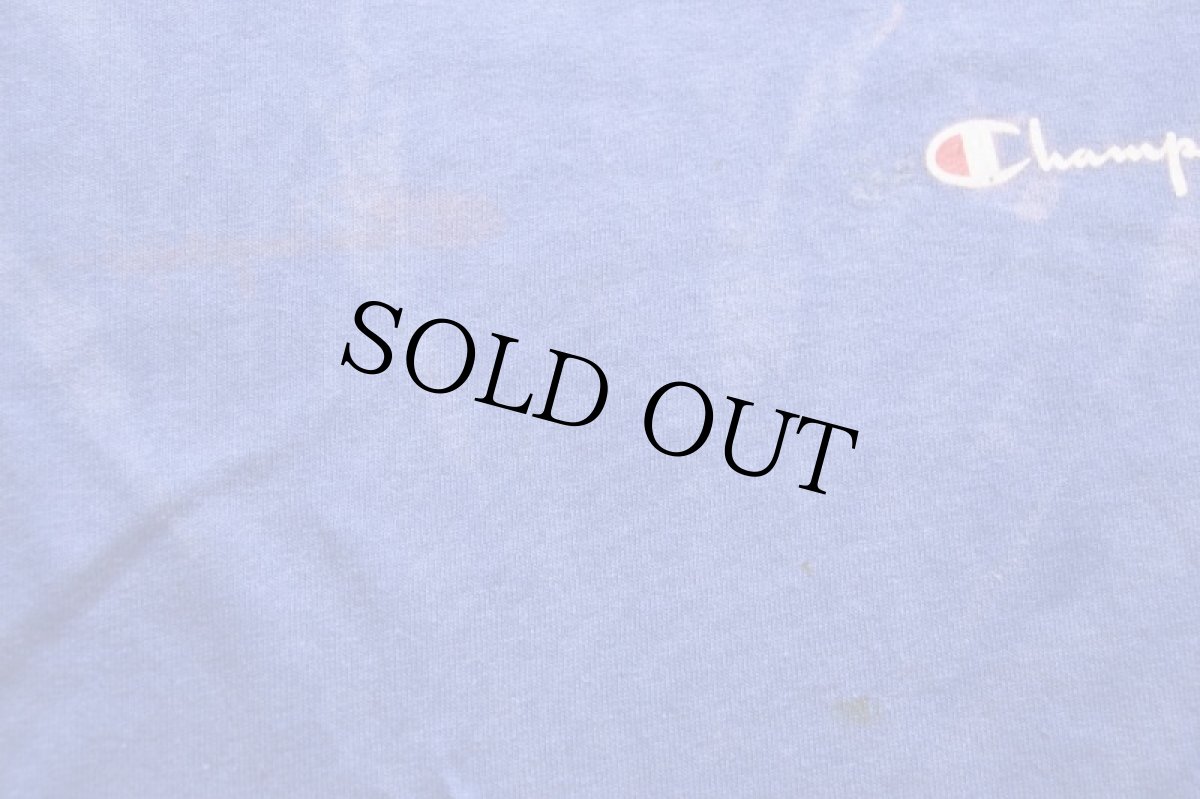 画像7: 90s USA製 Championチャンピオン ワンポイント スクリプト ロゴ ブリーチ加工 コットンTシャツ 青紫 XL (7)