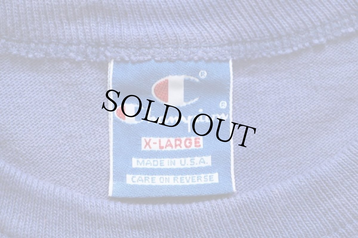 画像5: 90s USA製 Championチャンピオン ワンポイント スクリプト ロゴ ブリーチ加工 コットンTシャツ 青紫 XL (5)