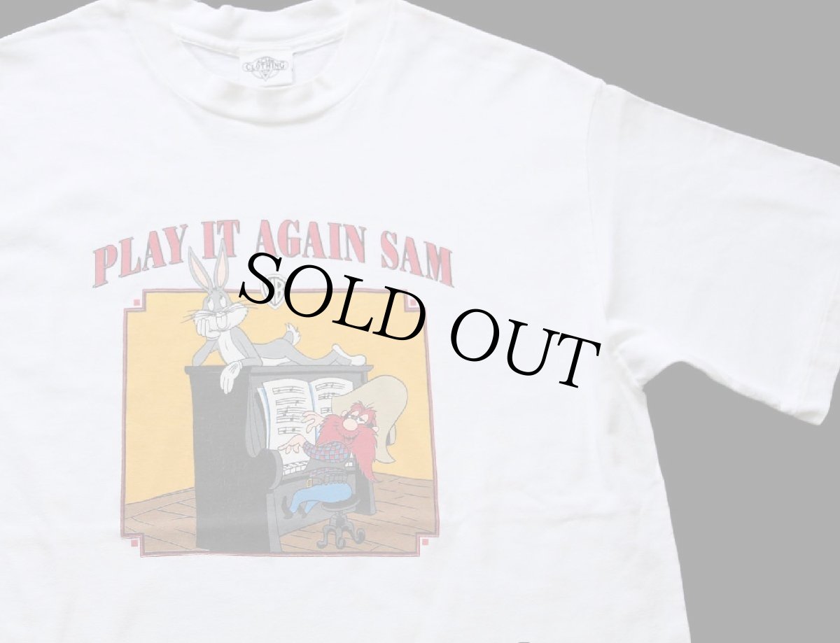 画像1: 90s USA製 ACME WARNER BROS LOONEY TUNES バッグスバニー ヨセミテサム PLAY IT AGAIN SAM コットンTシャツ 白 L (1)