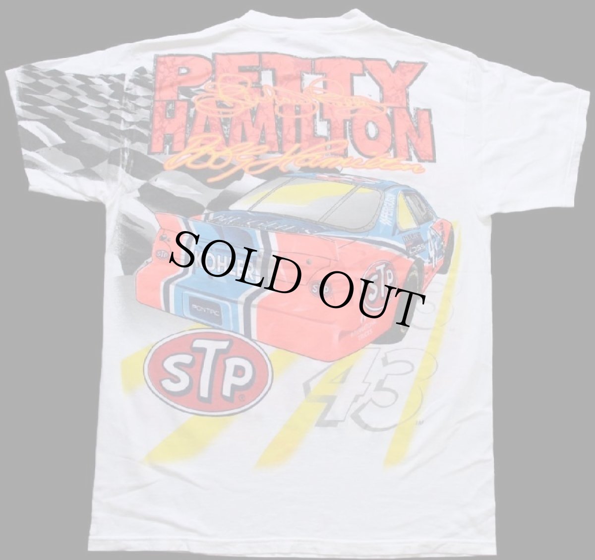 画像2: 90s NASCAR PETTY HAMILTON STP チェッカーフラッグ オールオーバープリント コットンTシャツ 白 L (2)