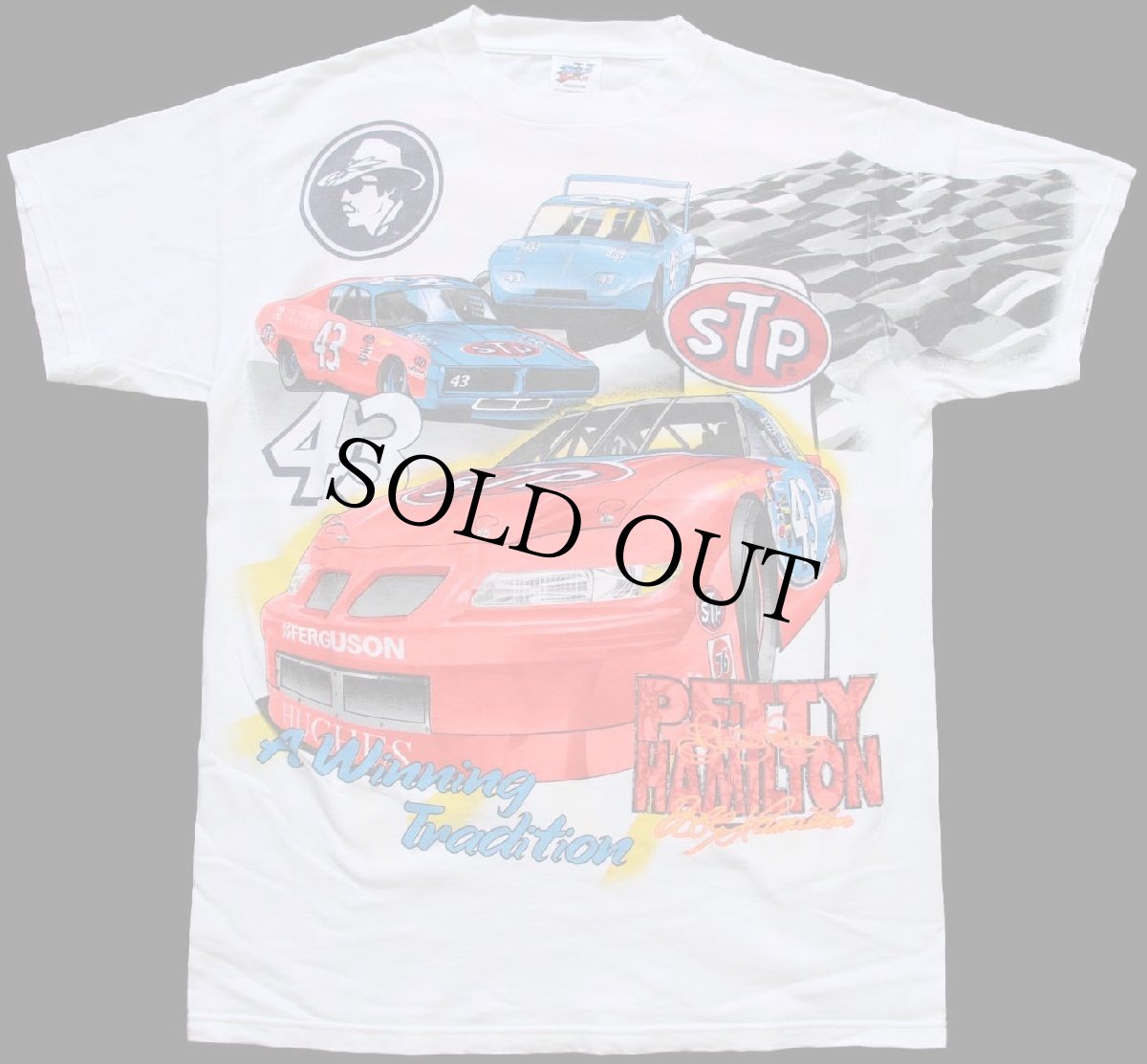 画像1: 90s NASCAR PETTY HAMILTON STP チェッカーフラッグ オールオーバープリント コットンTシャツ 白 L (1)