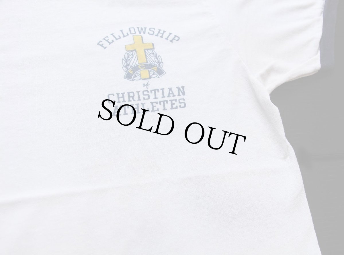 画像5: 80s USA製 Championチャンピオン FCA FELLOWSHIP CHRISTIAN ATHLETES 染み込みプリント リンガーTシャツ 白×紺 L (5)