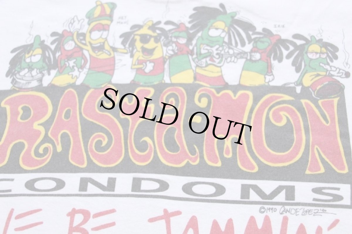 画像4: 90 USA製 RASta-MON CONDOMS ラスタ ガンジャ コンドーム コットンTシャツ 白 L (4)