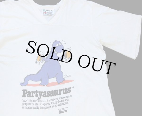 80s USA製 Saurusly Speaking Partyasaurus 恐竜 ビール Vネック