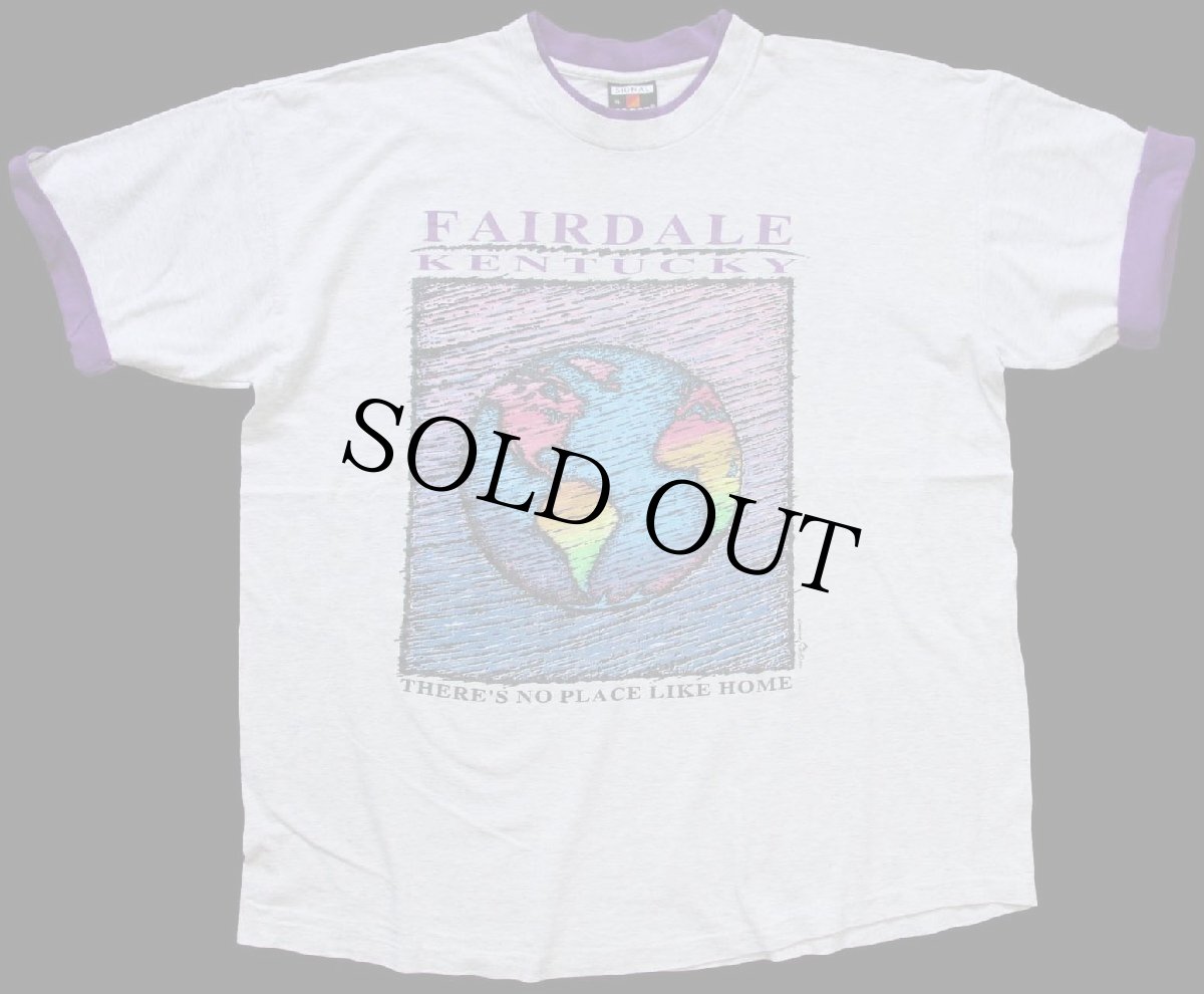 画像2: 90s USA製 FAIRDALE KENTUCKY 地球 アート レイヤードネック&スリーブ コットンTシャツ 杢ライトグレー×紫 XL (2)
