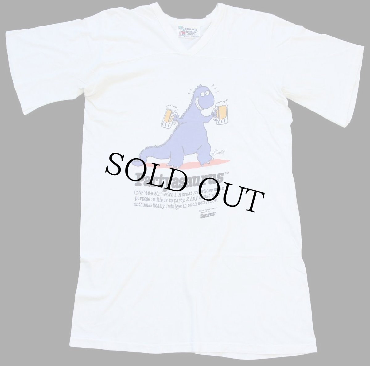 画像2: 80s USA製 Saurusly Speaking Partyasaurus 恐竜 ビール Vネック コットンTシャツ 白 (2)