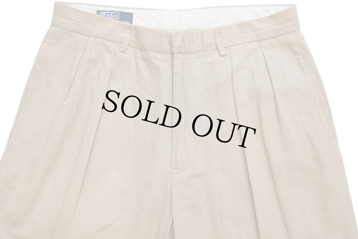 画像4: 00s ポロ ラルフローレン ツータック スラックス ヘリンボーン コットンパンツ 薄茶 w33 L30 (4)