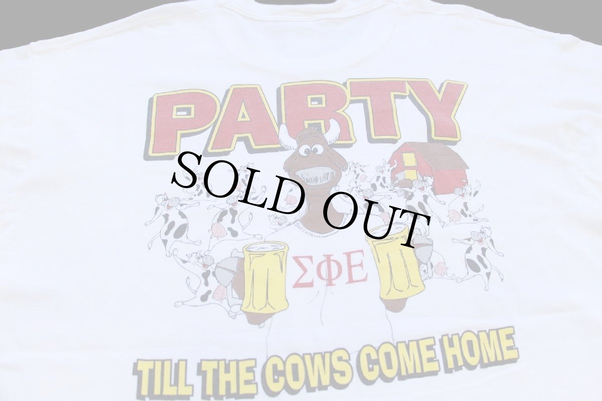 画像3: 90s USA製 PARTY TILL THE COWS COME HOME フラタニティ ウシ イラスト コットン 長袖Tシャツ 白 XL (3)
