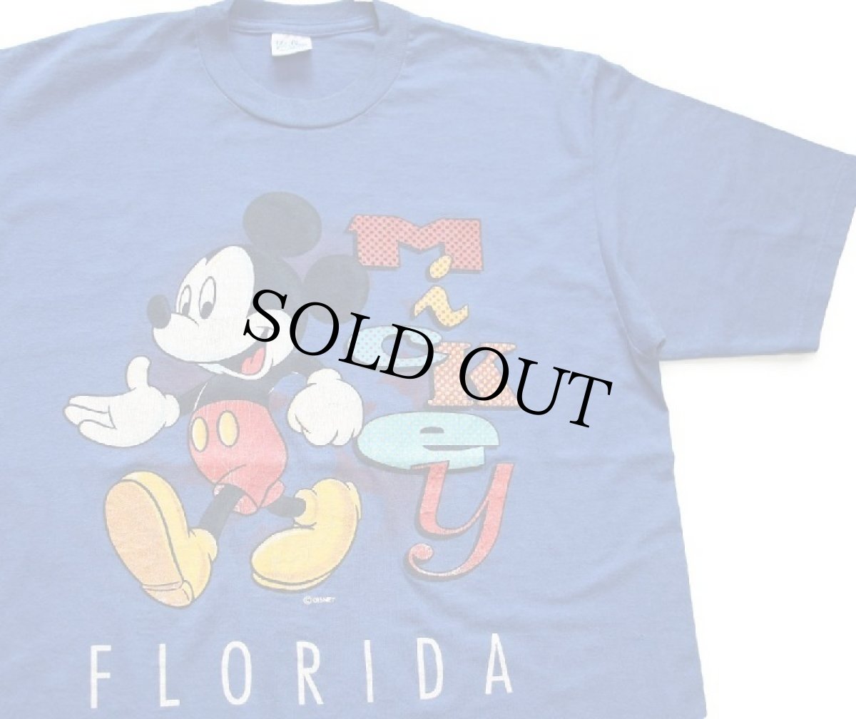 画像1: 90s USA製 DISNEYディズニー Mickey ミッキー マウス FLORIDA ひび割れプリント Tシャツ 青 L (1)