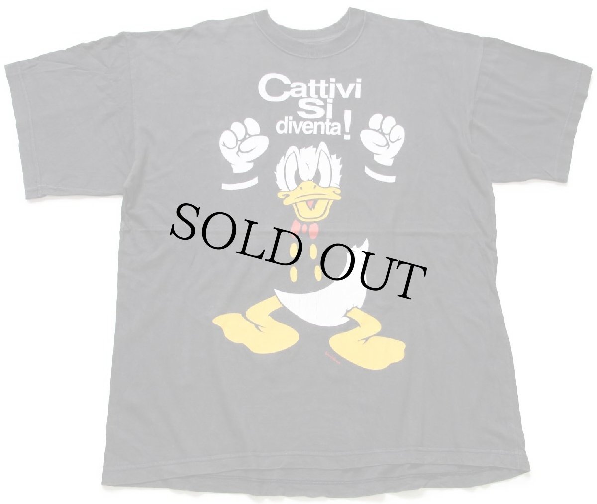画像2: 90s Disneyディズニー ドナルドダック Cattivi Si diventa! Buoni Si nasce. 両面プリント コットンTシャツ 黒 (2)