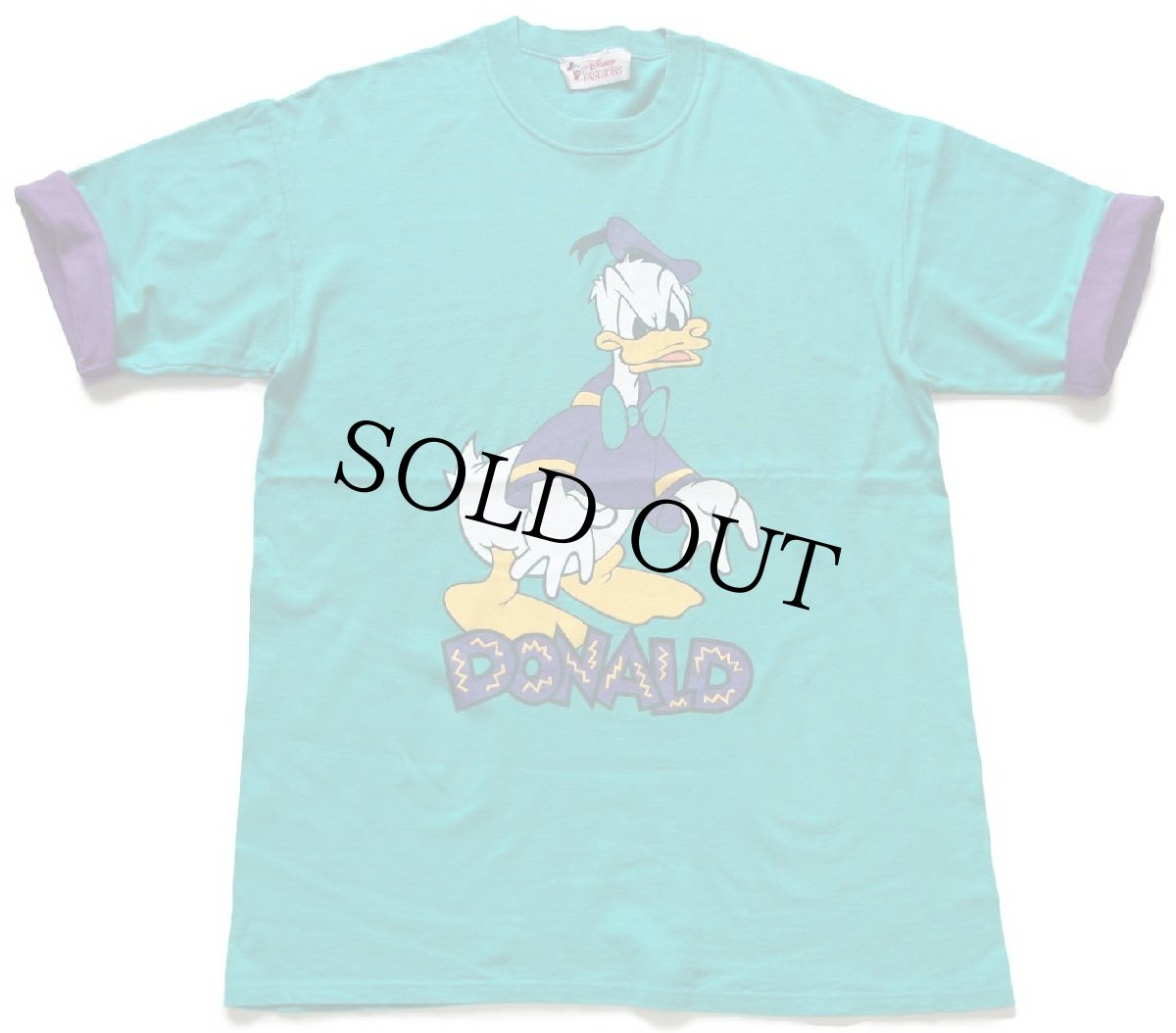 画像2: 90s Disneyディズニー DONALD ドナルドダック レイヤードスリーブ コットンTシャツ エメラルドグリーン×紫 (2)
