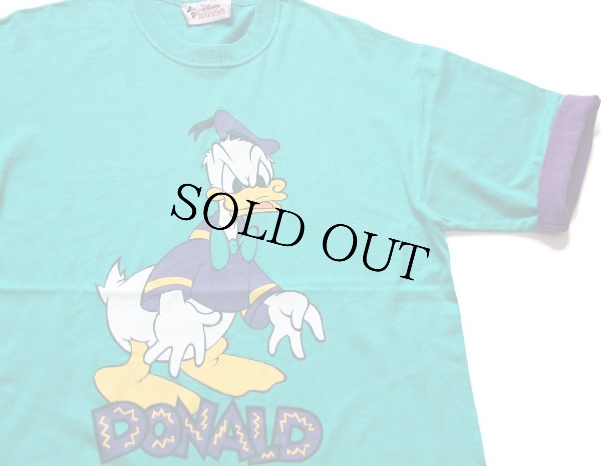 画像1: 90s Disneyディズニー DONALD ドナルドダック レイヤードスリーブ コットンTシャツ エメラルドグリーン×紫 (1)